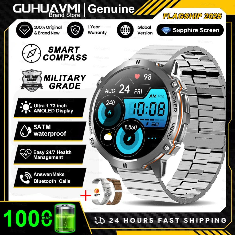 New Outdoor 1000mAh Battery Men Adult Smart Watch GPS Compass Altimeter 10ATM Waterproof Heart Rate BT Call Sport Man Smartwatch