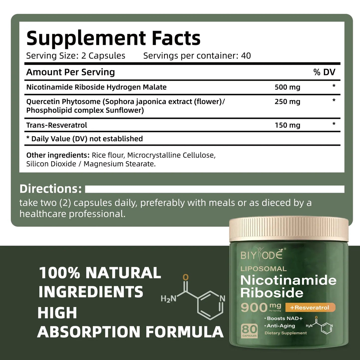 80 Capsules Liposomal NAD+ Supplement - Nicotinamide Riboside & Resveratrol for Women & Man - NMN Alternative for Healthy Aging