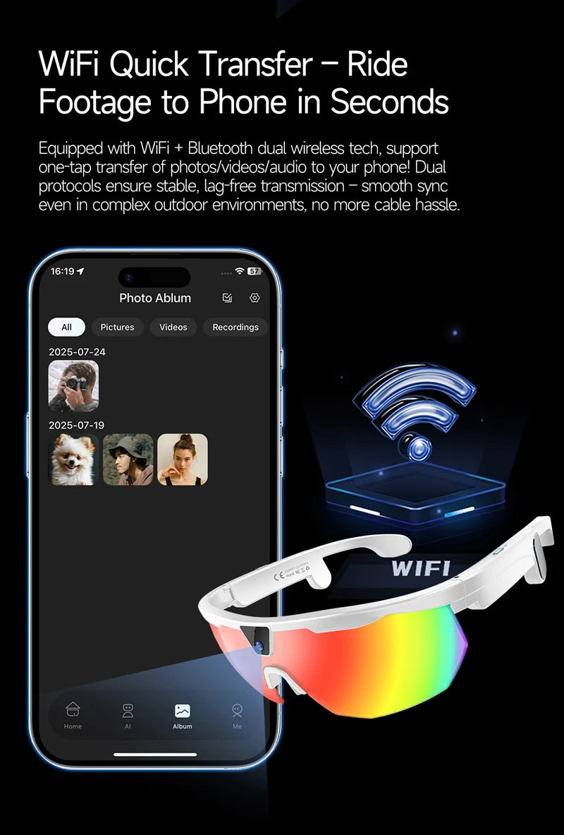 800W Pixel HD 4K Cycling Bluetooth Sports AI Smart Glasses For Photography Object Recognition Video Recording Navigation New