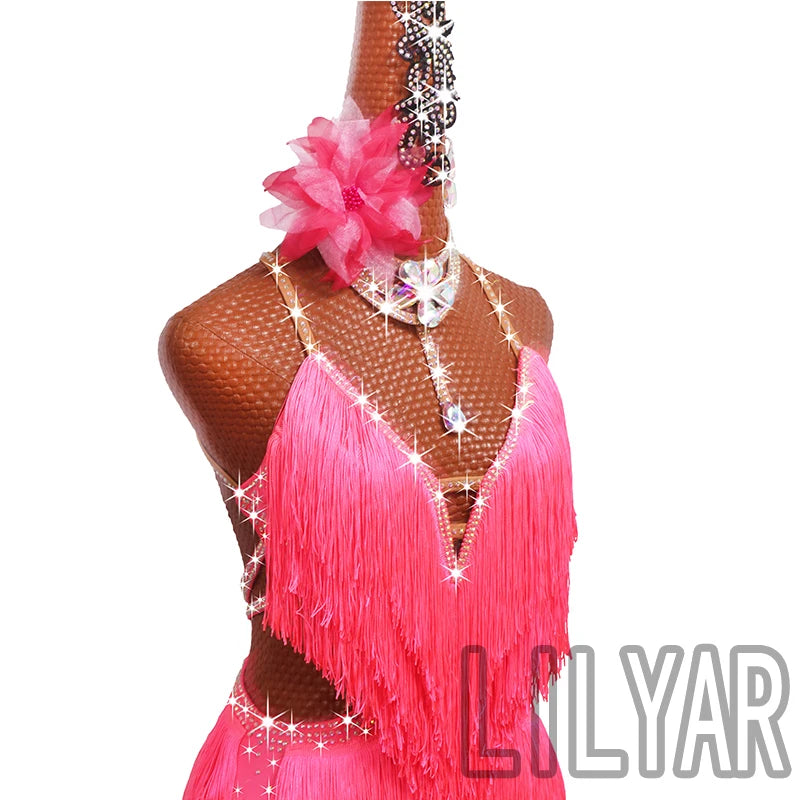 New professional Latin Dance Performance Competition Dress Adult Women Sparkling Pink Tassel Backless Dance Dress