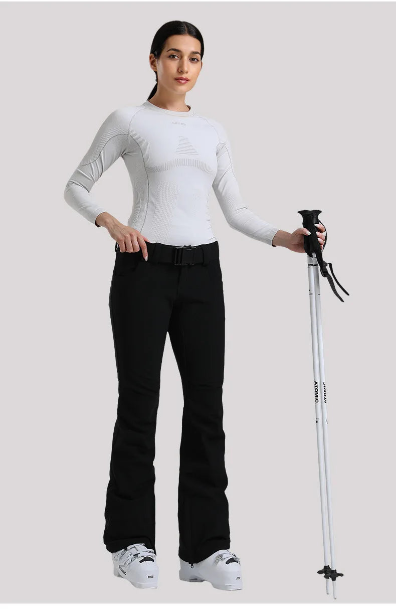 New Women's Ski Pants Stretch Slim-fit Dual-layer Insulated Professional Windproof Waterproof Breathable Solid Color Ski Pants