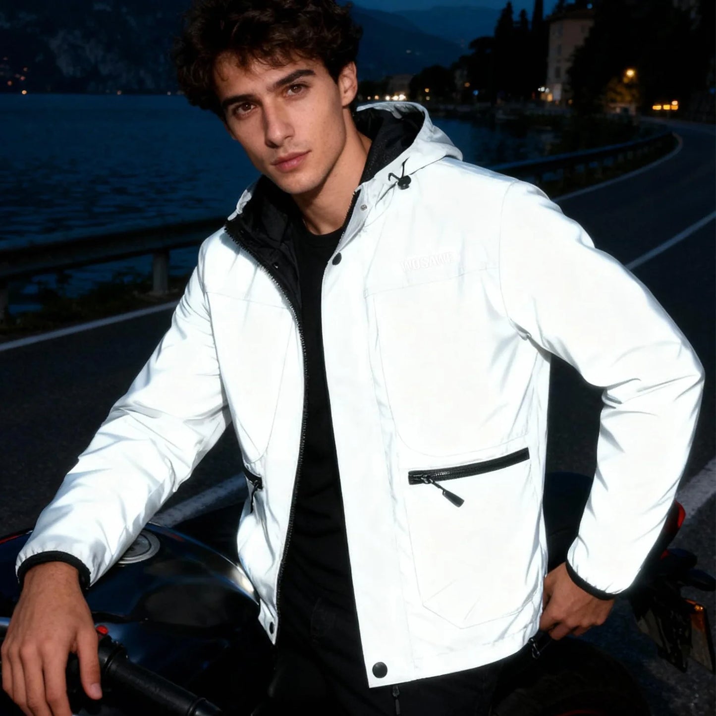 WOSAWE Motorcycle Riding Full Reflective Hooded Jacket, Hiking Night Riding Night Running Charge Carry-on Sports Jacket