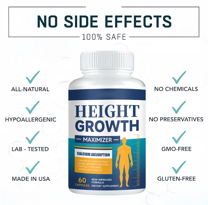 Height Growth Calcium Vitamin D Supplement Grow Taller Capsules Increase Bone Strength Hormone Enhancer for Adults Children