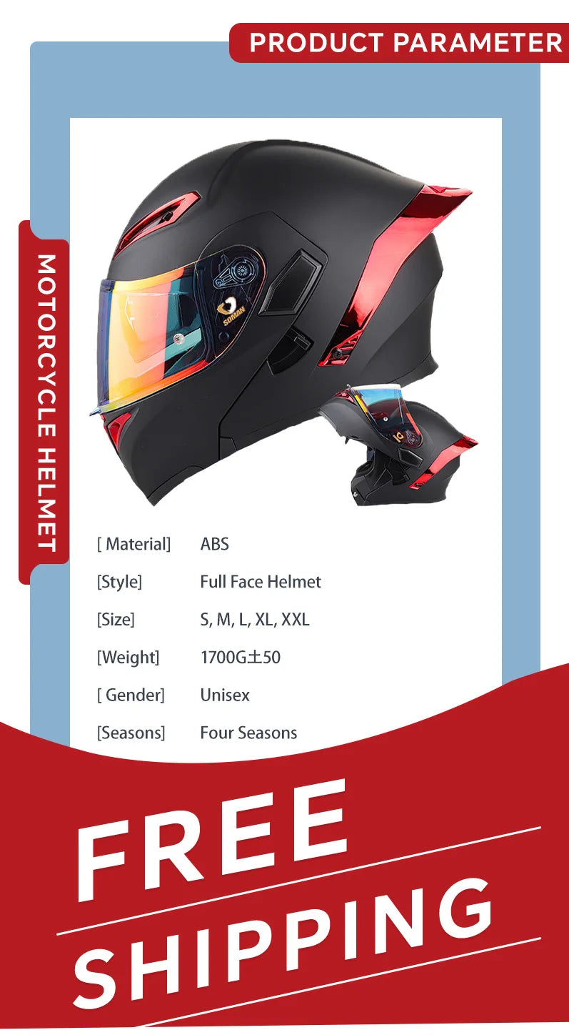DOT Approved Men's Motorcycle Helmet Full Face Helmet with Double Visor Flip Up Motocross Helmet Four Seasons Universal