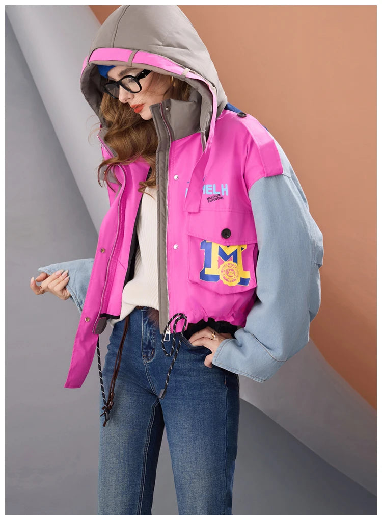 Women Short Puffer Jacket Hooded Thick Warm Winter Coat Color Block Denim Sleeve Streetwear Oversized Fashion Down Outerwear