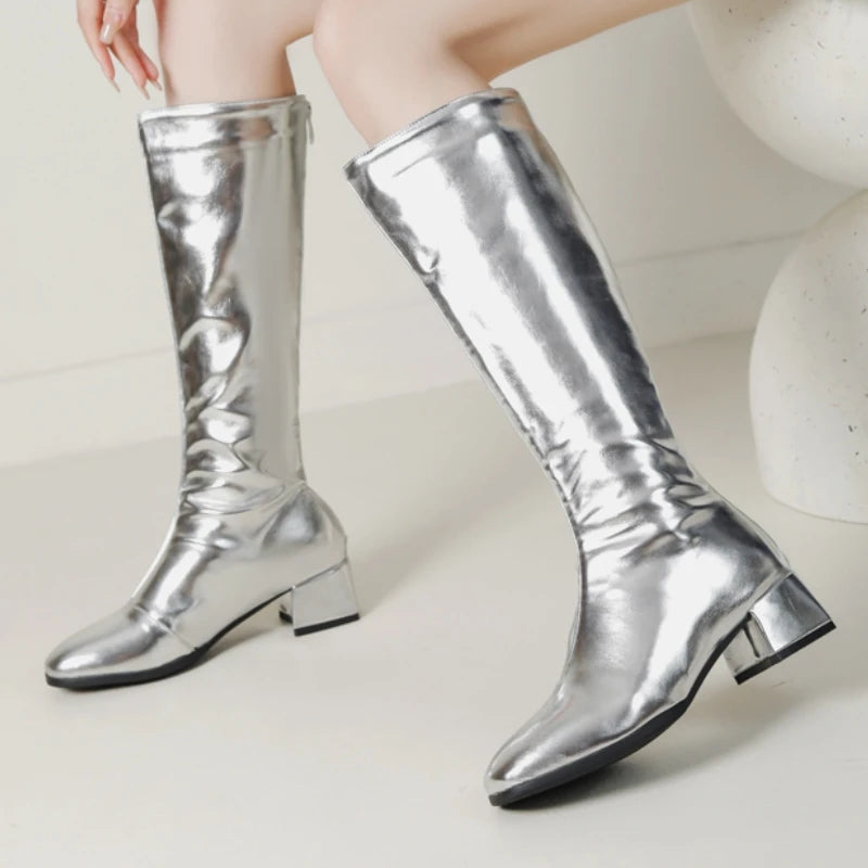 Women's Knee High Boots Winter Shoes 2025 Gold Silver Low Heeled Long Boot Ladies Party Footwear Shoes Large Size 45 Waterproof