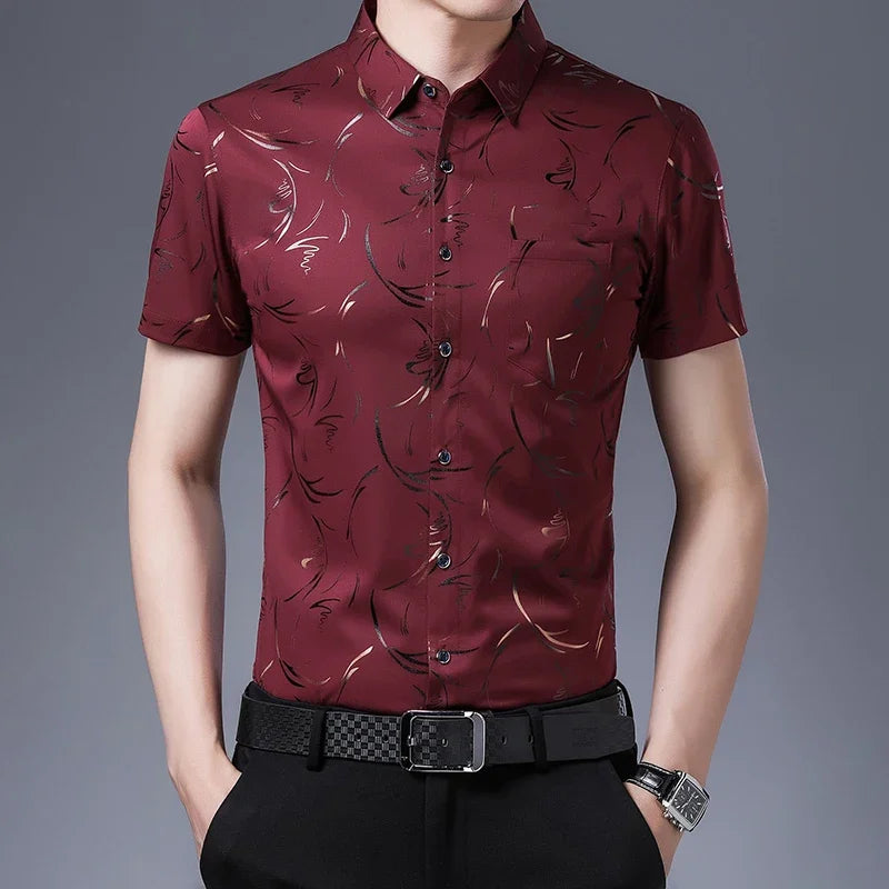 New Men's Casual Printed Short Sleeved Lapel Shirt for Summer Fashion Comfort No Ironing Wrinkle Resistant Top
