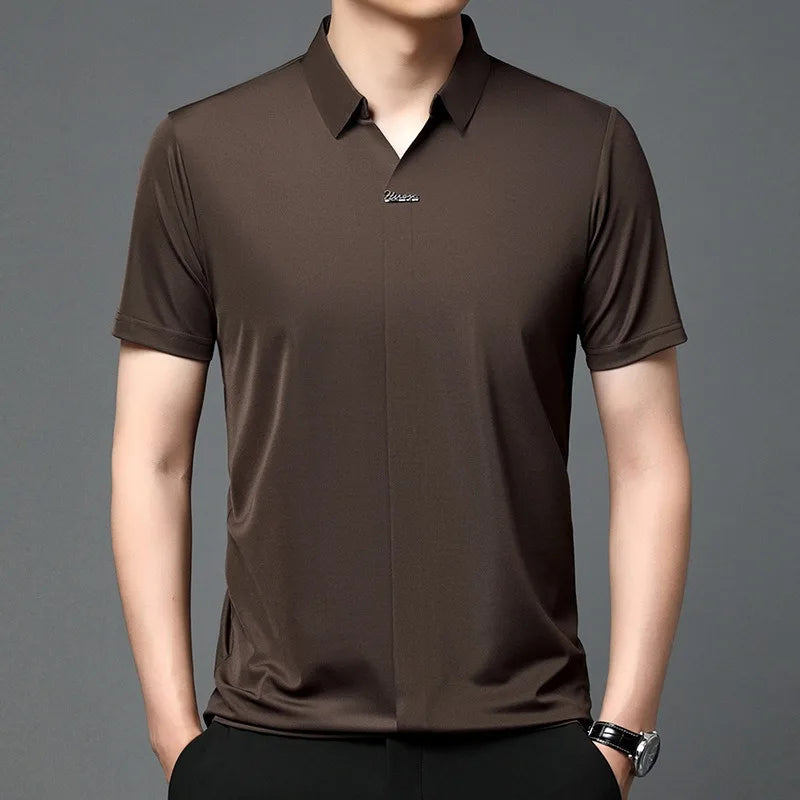 High End Mulberry Silk T-shirts Man Long Sleeve Tops Business Casual Elastic Non-iron Seamless Quality Luxurious Men Polo Shirts