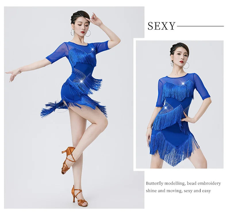 Women's Flapper Dress Fringe Salsa Latin Dance Dress Party Ballroom Dancer Outfits With Shorts Long Sleeve  Tango Samba Rumba