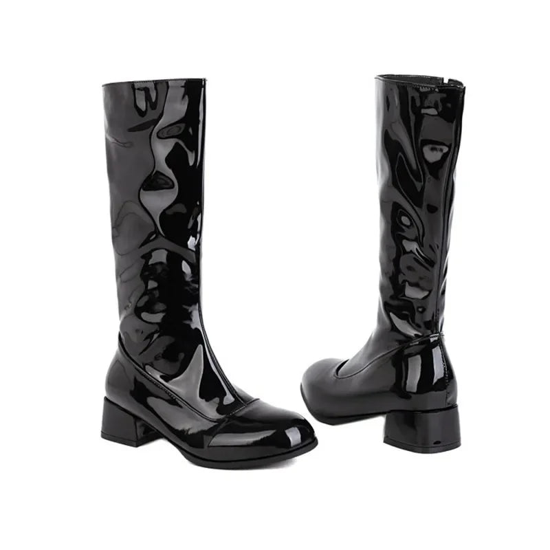Lady Waterproof Zip Leather Long Boots Knee High Botas Winter Sqare Heels 4cm Square Toe Shoes Plus Size 33-48 Wide Fits White