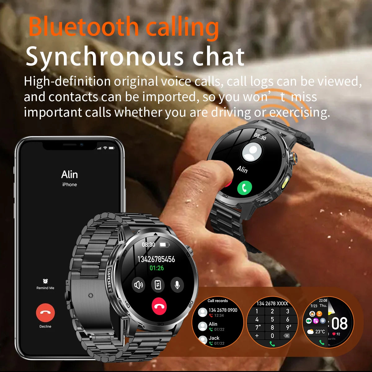 Fanwear men's smart watch SOS distress light +LED flashlight dual light mode 1000 mAh battery GPS trajectory 1.85 inch AMOLED