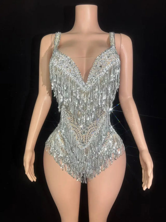 Sparkly Rhinestones Sequins Tassel Bodysuit Women Sexy See Through Performance Dance Costume Singer Dancer Stage