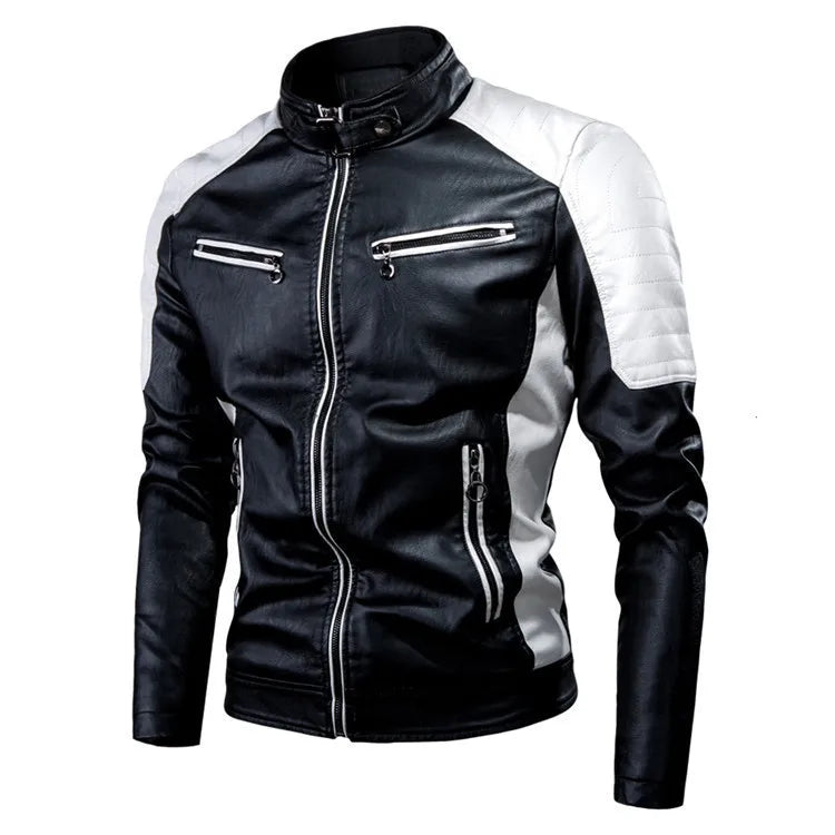 Men's Casual Biker PU Leather Jacket New 2025 Fashion Color Block British Style Motorcycle Jacket Men's Clothing Outerwear