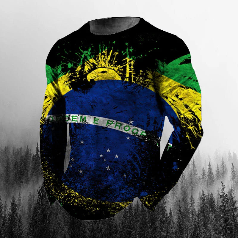 Vintage Brazilian Flag 3D Print Autumn Men's O-Neck T-shirt Casual Long Sleeve Oversized T Shirt Fashion Pullover Men Clothing