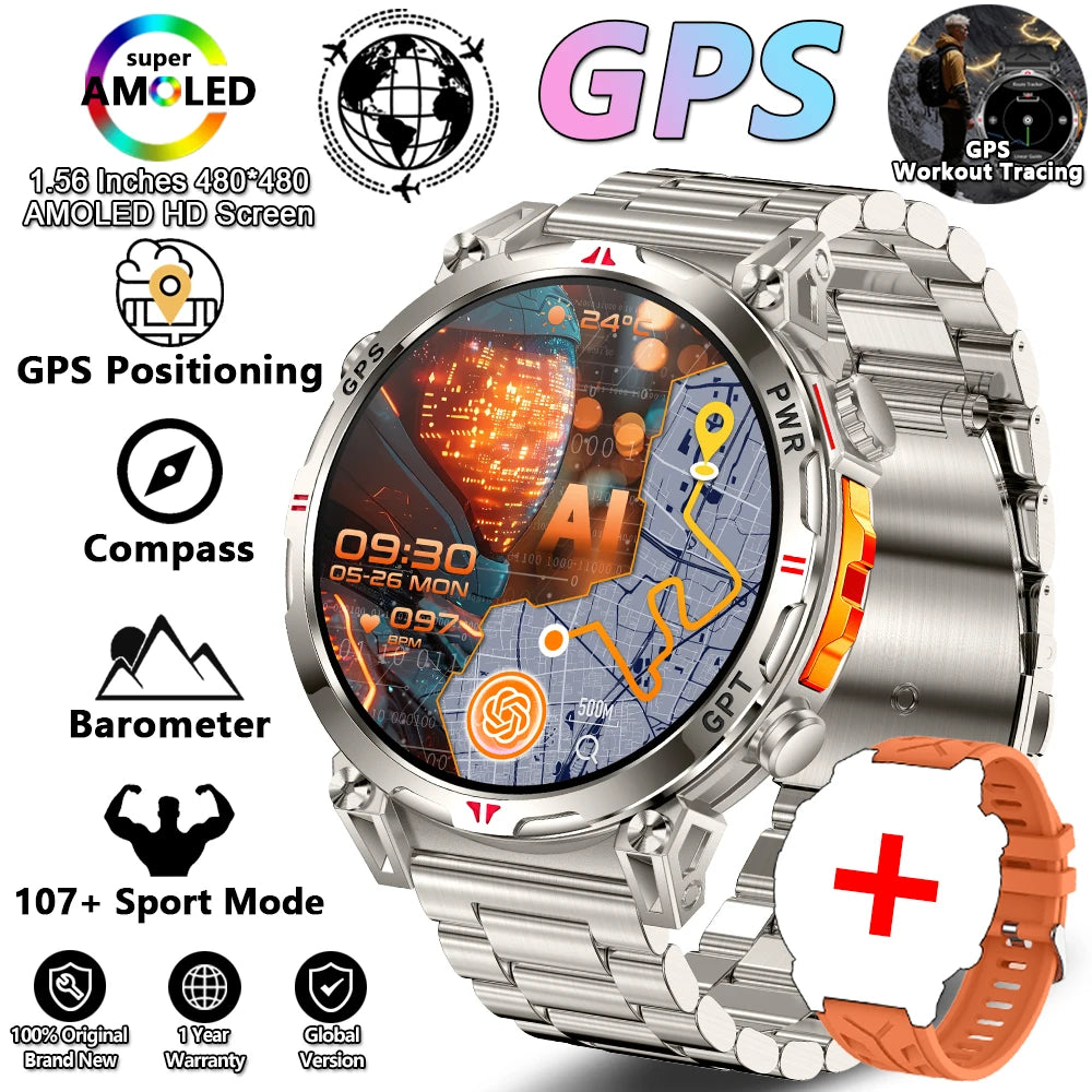 2026 New Outdoor Sports Smartwatch Men GPS Positioning 650mAh HD Call 1.56-inch AMOLED Screen Compass 5ATM Waterproof Watch Man