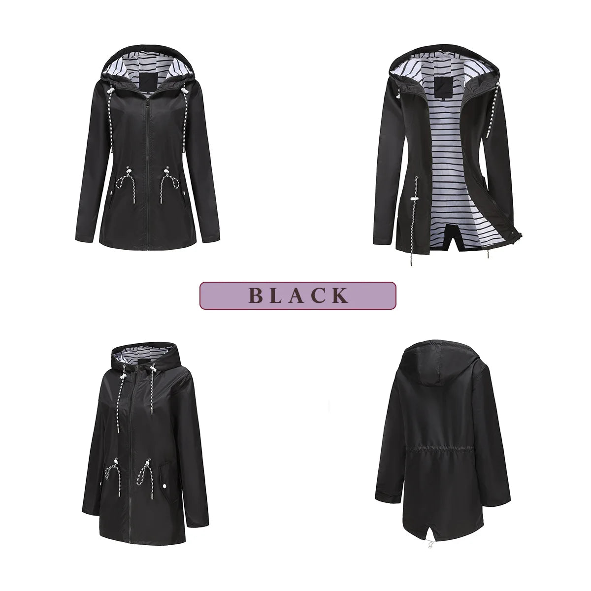 Red Waterproof Hooded Jacket, Women Fashion Casual Coat, Waist Drawstring Tie Zipper Switch Blue Green Yellow Black Windbreaker