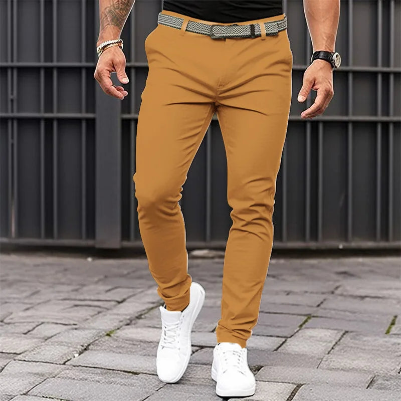 Men's Solid-color Slim-fit Pants with Front Pockets and Zippers for Business Casual Wear with Tapered Bottom Pants Men