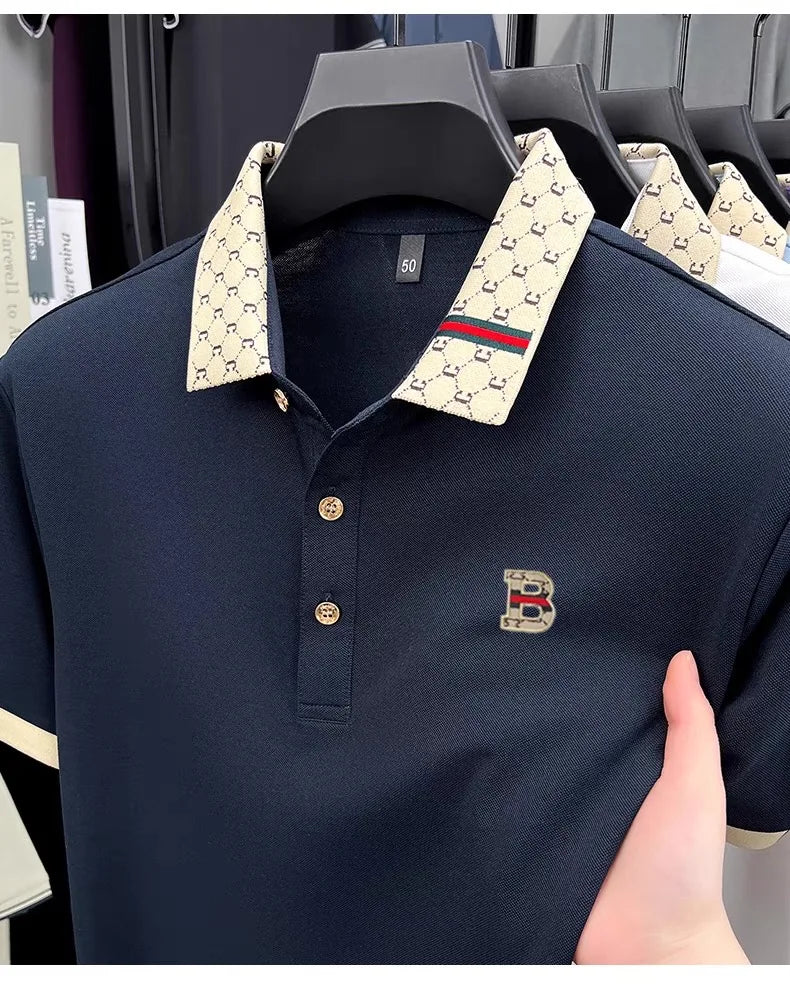 Advanced letter embroidery short sleeve polo shirt light luxury brand business leisure summer men's T-shirt fashion lapel top
