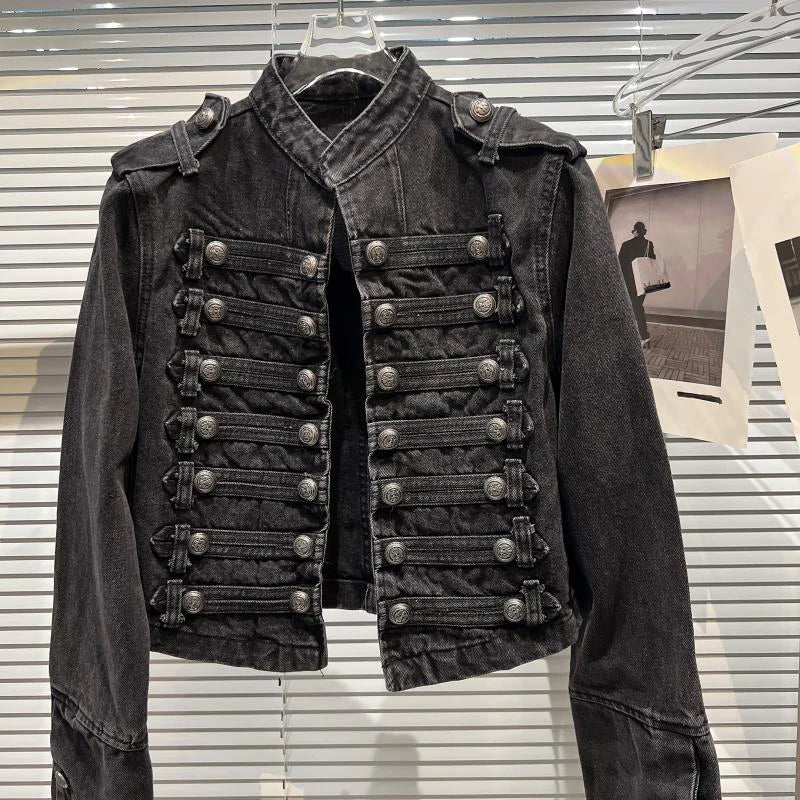 DEAT 2025 Autumn New Fashion Metal Buckle Design Shoulder Strap Denim Short Jacket For Women High Street Coat Female 11A06995