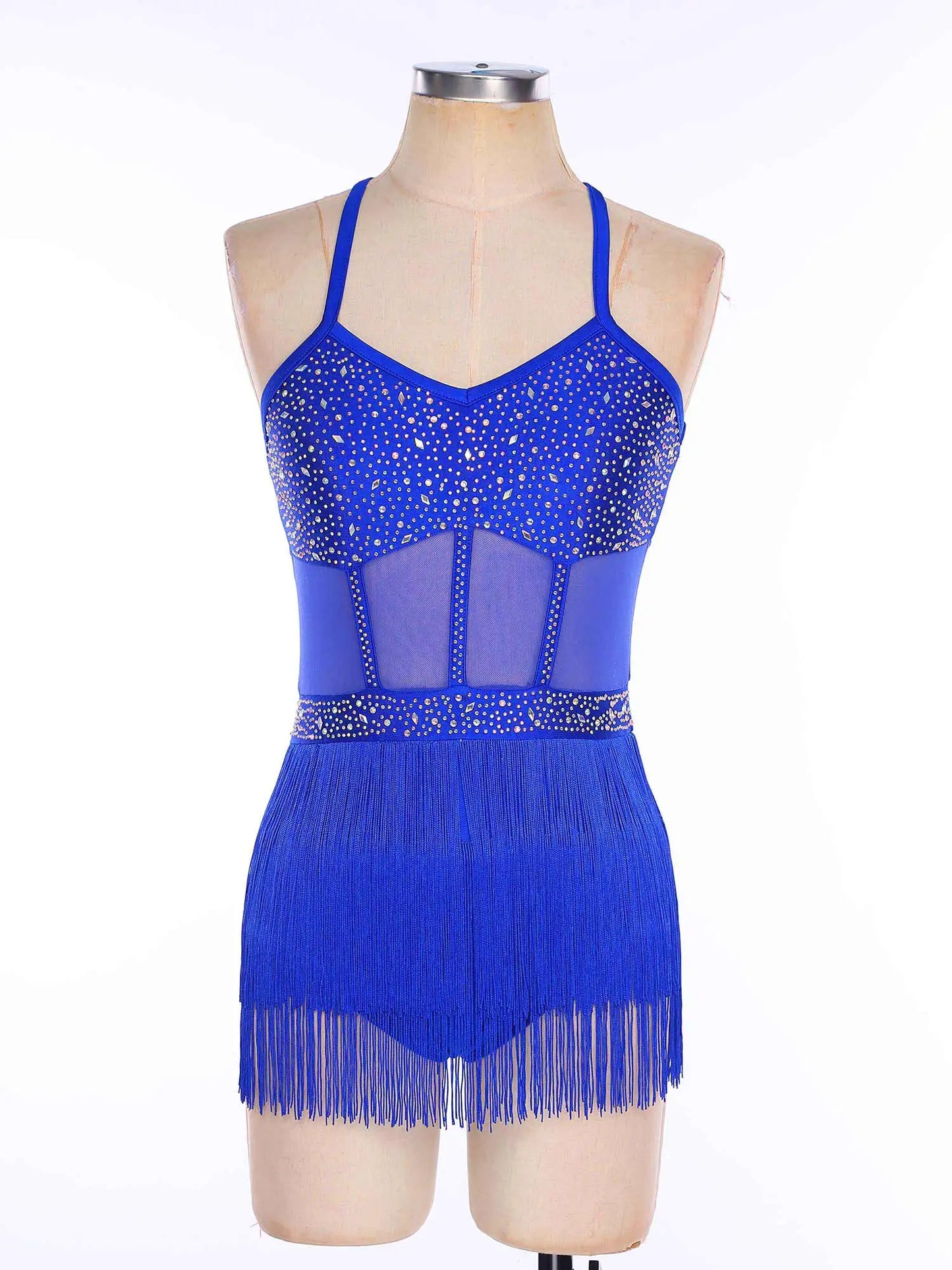 Womens Latin Dance Dress Sheer Mesh Patchwork Tiered Tassel Bodysuit Dress and Gloves for Tango Samba Dance Ballroom Dancewear