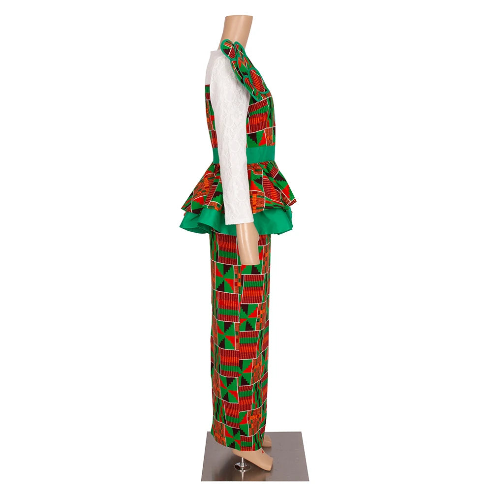 African Skirt Sets Women Suit Long Straight Skirts and Tops with Lace Decoration Bazin Riche Traditional African Clothing WY6195