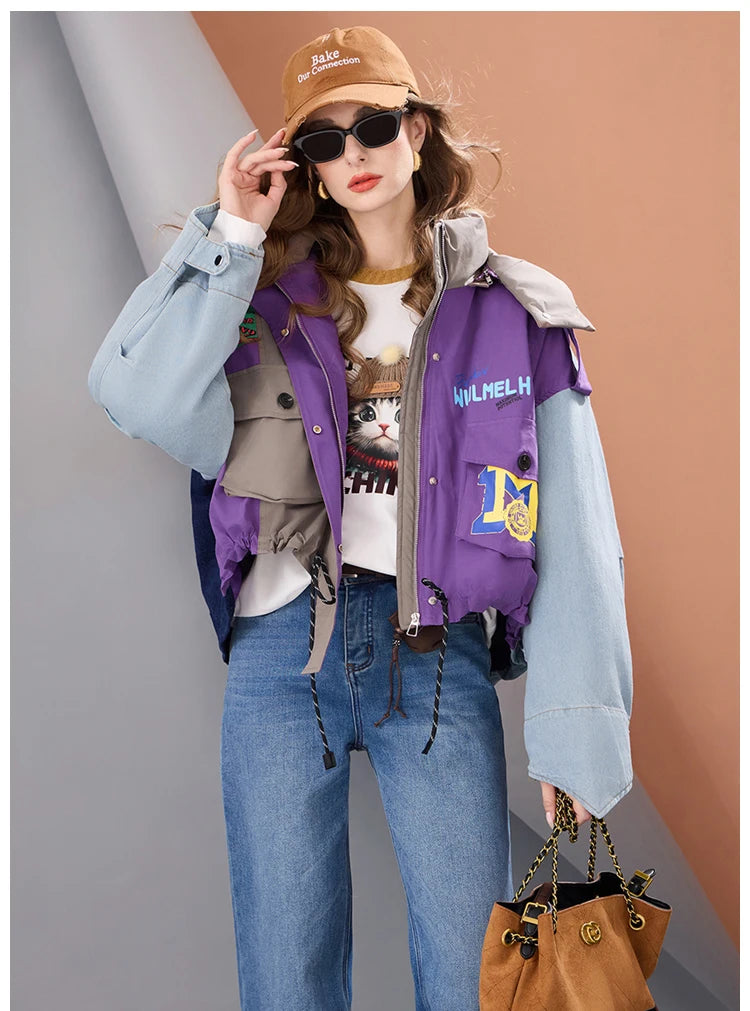 Women Short Puffer Jacket Hooded Thick Warm Winter Coat Color Block Denim Sleeve Streetwear Oversized Fashion Down Outerwear