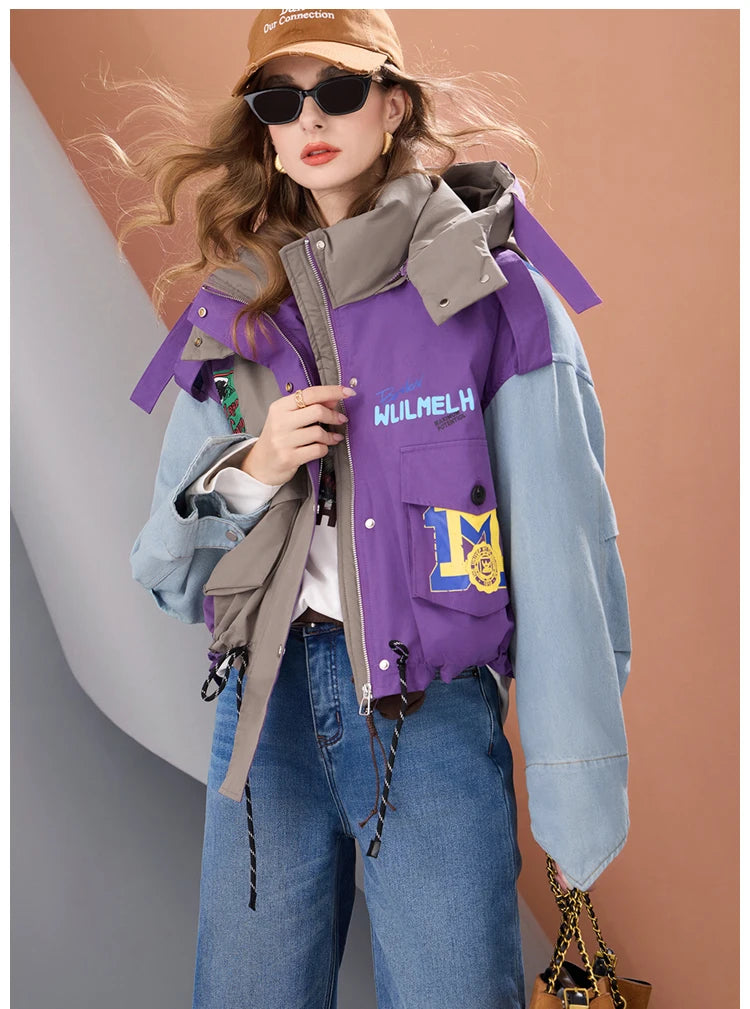 Women Short Puffer Jacket Hooded Thick Warm Winter Coat Color Block Denim Sleeve Streetwear Oversized Fashion Down Outerwear