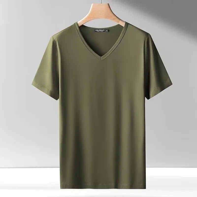 2025 men's short sleeved T-shirt loose and breathable plus size T-shirt top summer thin solid color V-neck home clothing base s