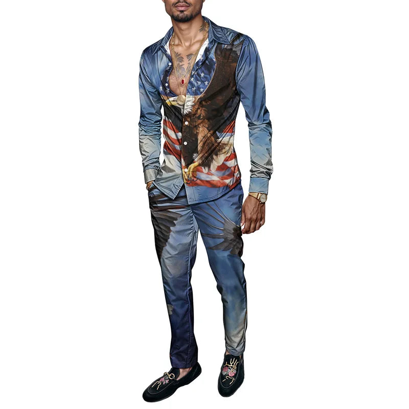 Spring And Autumn Eagle 3D Print Men Harajuku Clothing Suits Tracksuit Long Sleeve Shirt Long Pants Two Piece Sets Clothing