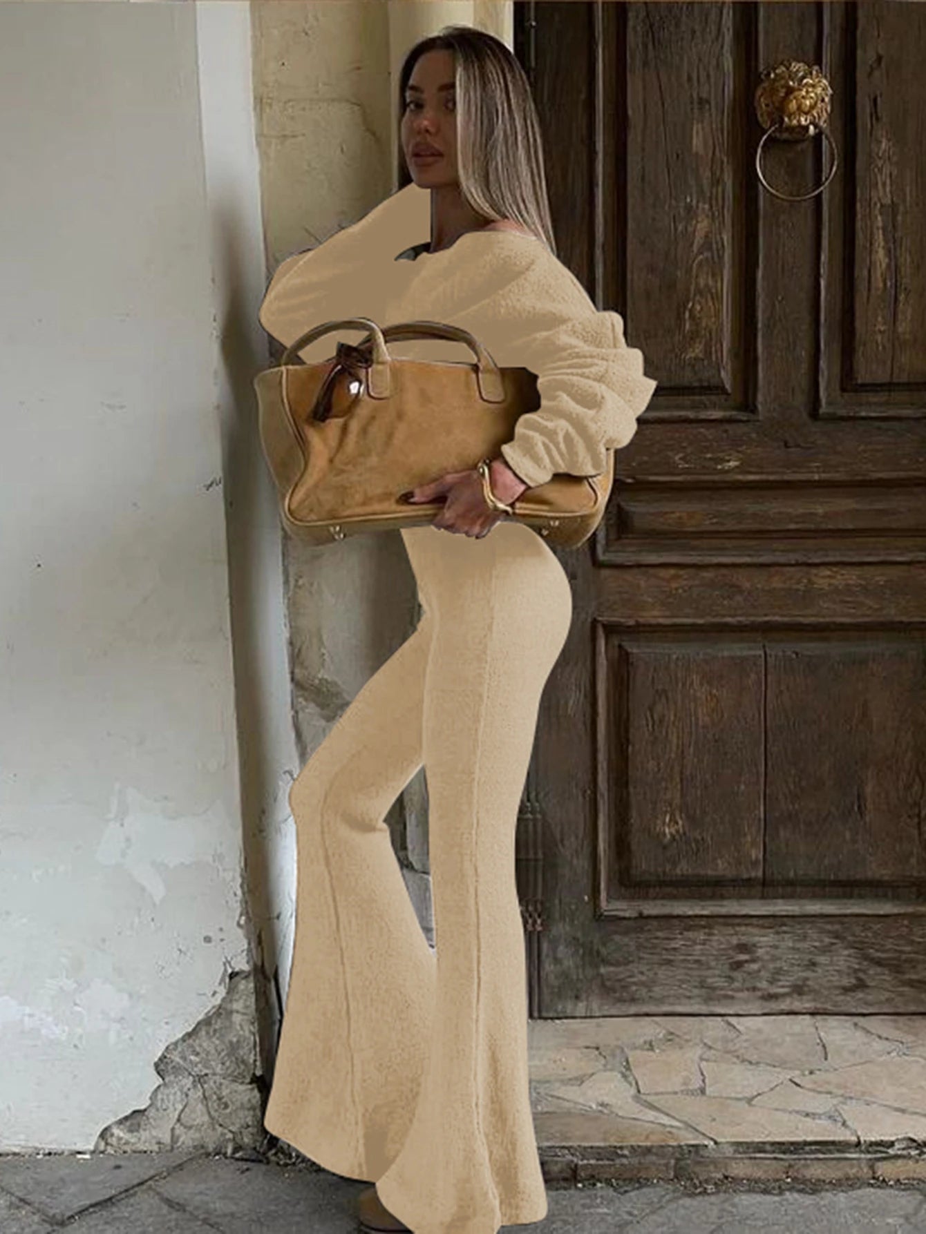 Dulzura Fashion Sexy 2 Piece Pants Set Skew Collar Long Sleeves Slim T-Shirt And Flare Pants Matching Set Party Club Streetwear