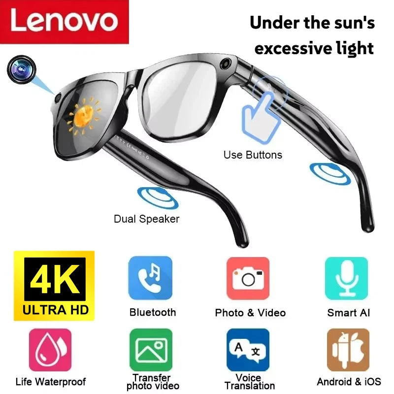 Lenovo AI Smart Glasses 800W Anti Shake HD Camera Video Recording Languages Translation Sunglasses BluetoothMusic Play Man Women