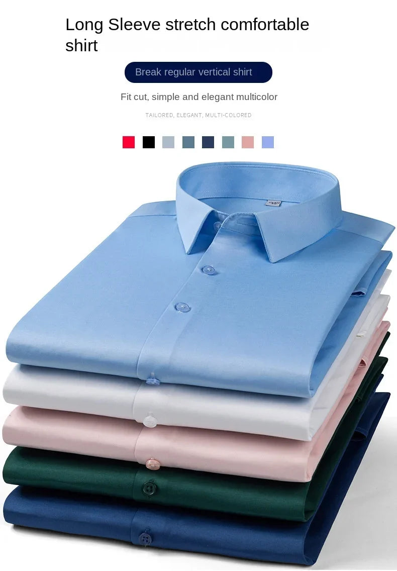Summer shirt, men's white glossy non ironing shirt, men's wrinkle resistant ice silk casual high-end seamless business shirt