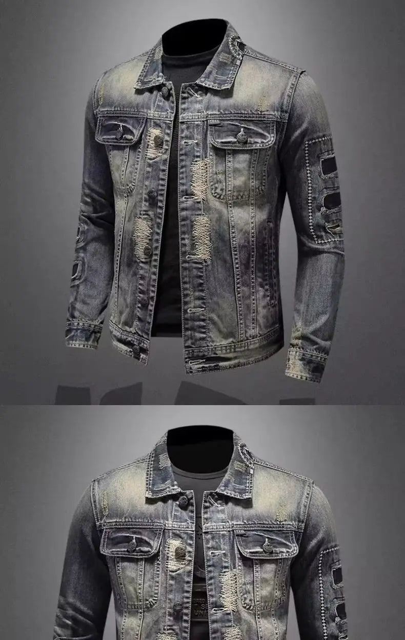 2025 Men's Autumn Winter Brand Casual Cotton Jacket with American Retro Motorcycle Embroidered Street Fashion Grey Jeans Coat