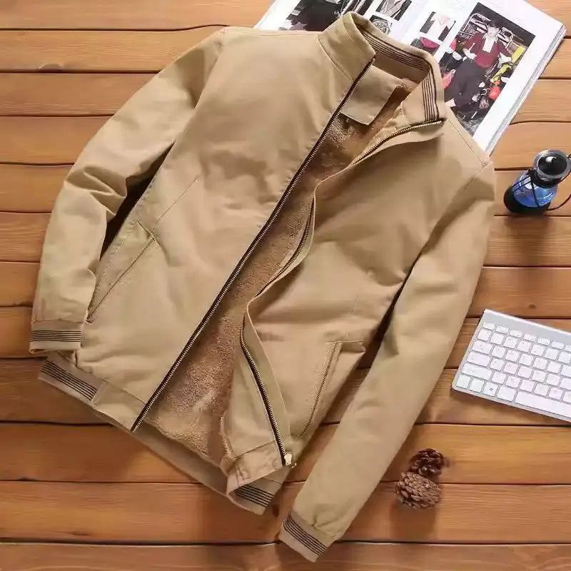 Autumn and Winter New Men's Fashion Pilot Jacket with Thick Velvet and Warm Baseball Jacket Solid Color Zipper Large Top M-5XL