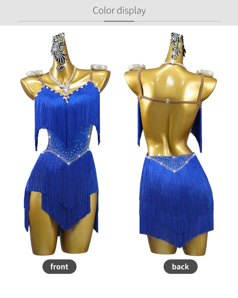 2026 New Latin Performance Dance Dress Women Sexy Outdoor Ballroom Party Fringe Skirt Sport Practice Wear Blue Prom Evening Suit