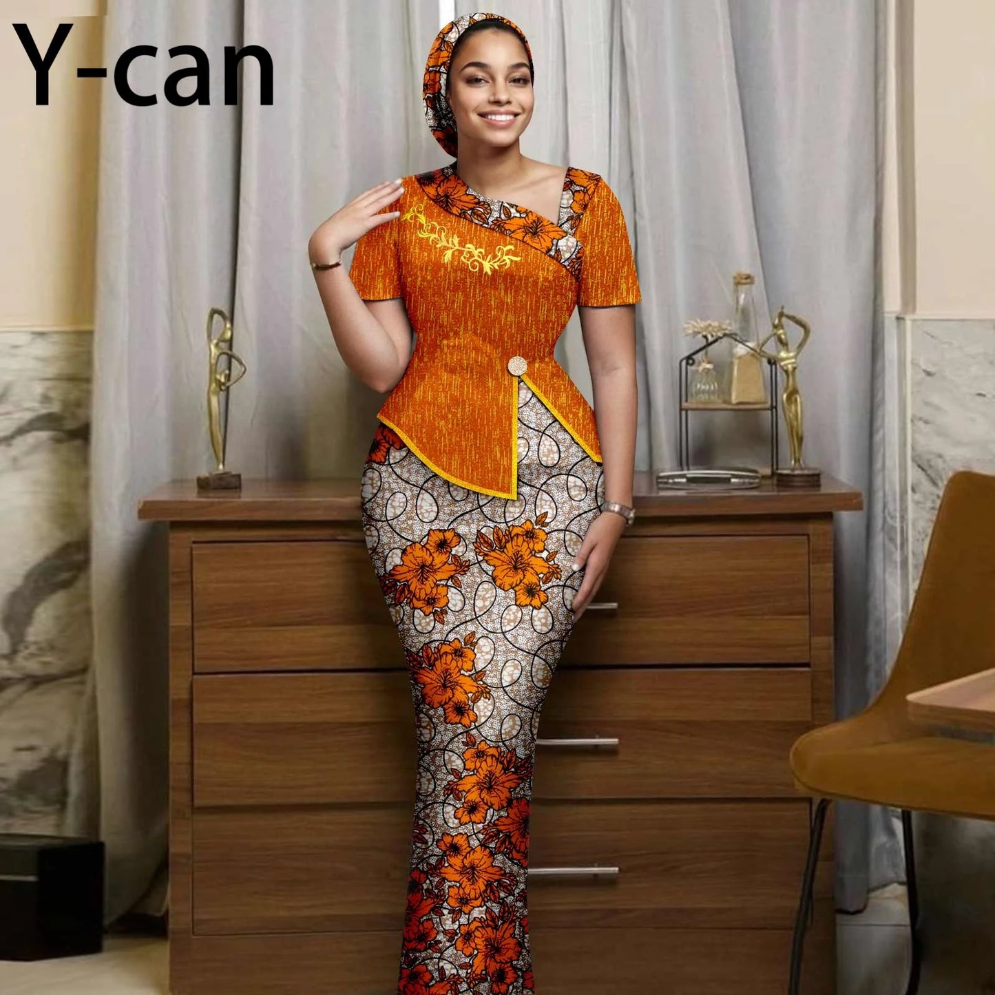 African Women Skirt Set Luxury Gown Short Sleeve Slit Top and Slim Skirt Vestidos with Headwrap Wedding Dress 2526056