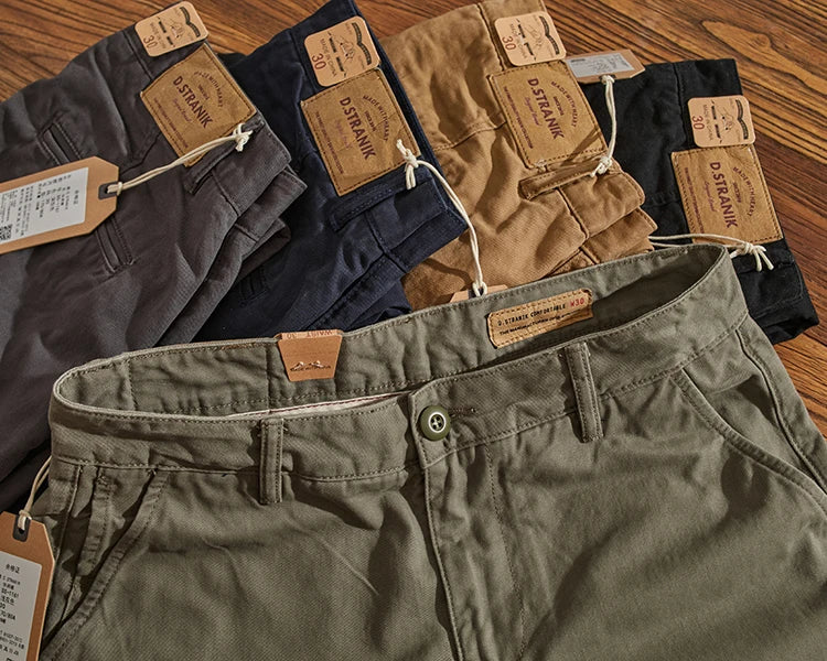 May Khaki American retro simple cargo pants men's heavy chino casual pants straight leg all matching tapered pants