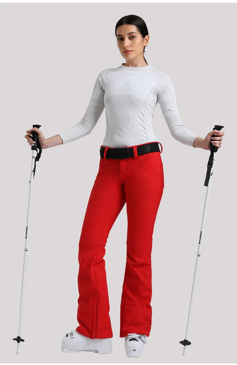 New Women's Ski Pants Stretch Slim-fit Dual-layer Insulated Professional Windproof Waterproof Breathable Solid Color Ski Pants