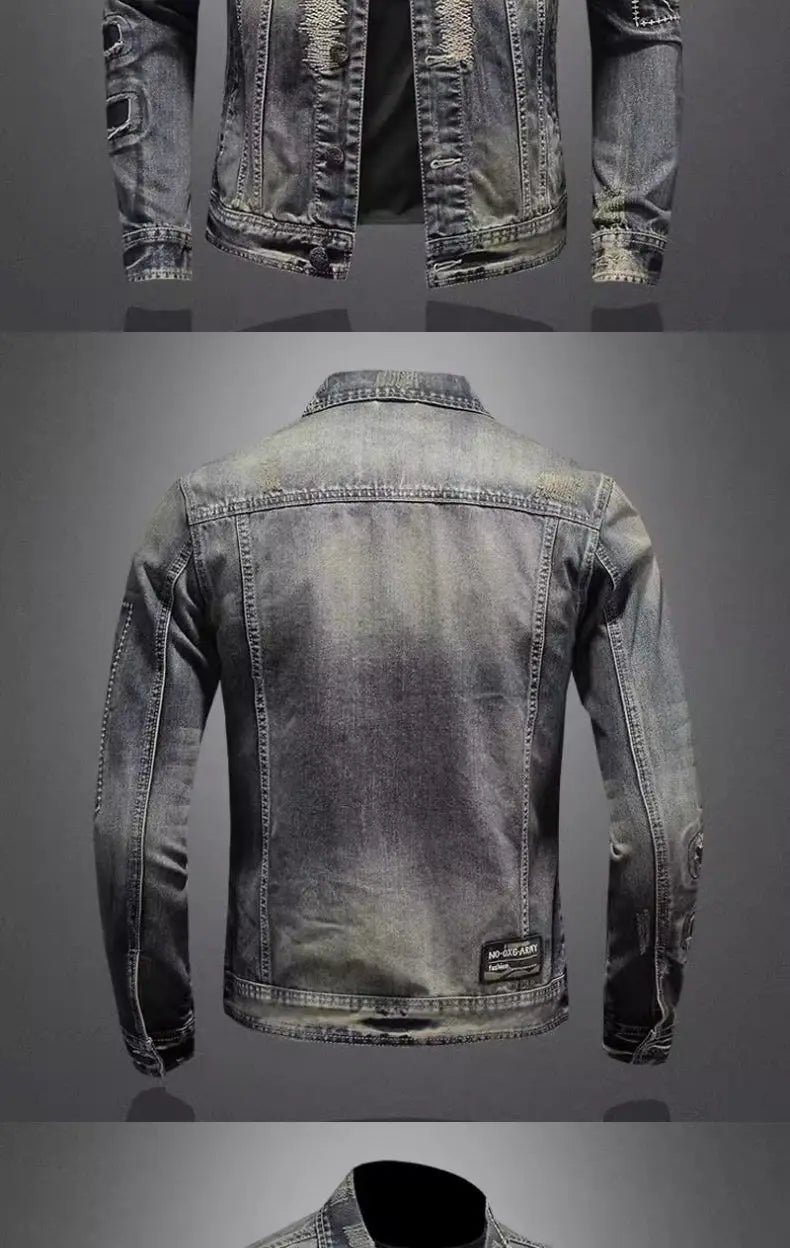 2025 Men's Autumn Winter Brand Casual Cotton Jacket with American Retro Motorcycle Embroidered Street Fashion Grey Jeans Coat
