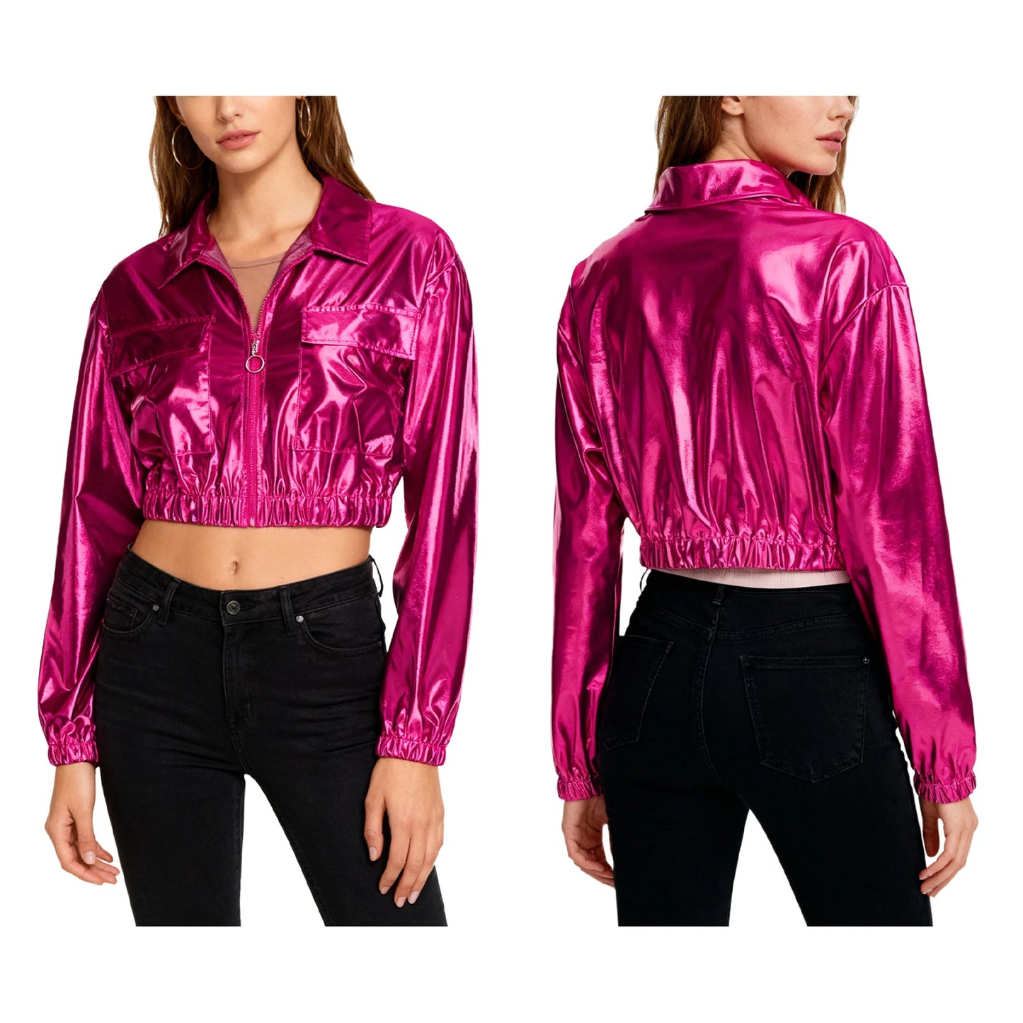 Womens Metallic Shiny Cropped Jacket Lapel Long Sleeve Front Zipper Chest Flap Pockets Crop Outerwear Biker Motor Jacket Tops