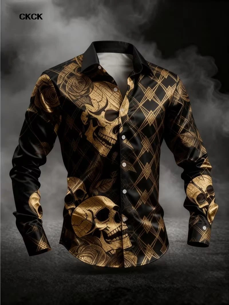Fashion men's long sleeved shirt skull 3D print rose series gold black skull men's top soft long sleeved shirt Men Clothing