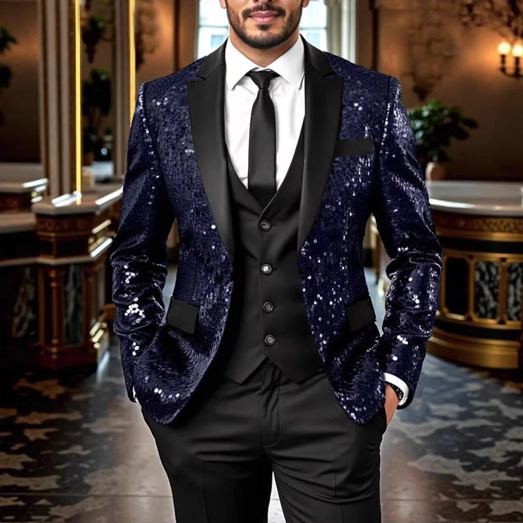 Shiny Sequin Tuxedo Jacket for Men - Royal Blue & Gold Gradient, Black Lapel, Formal Party/Wedding/Stage Wear‌ Coat.