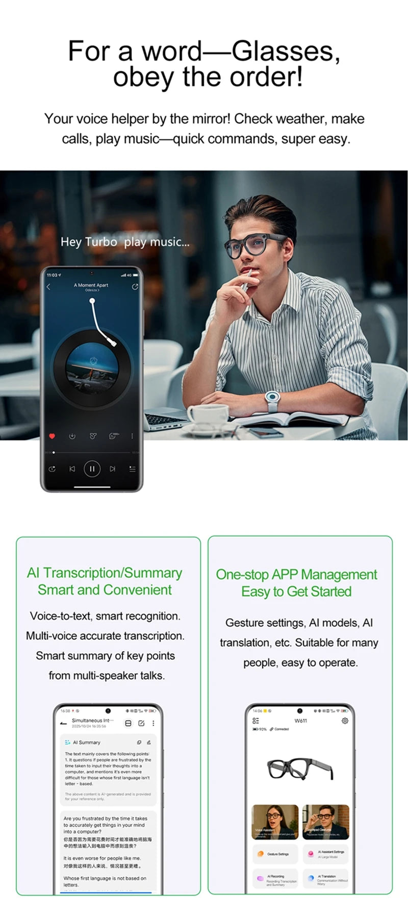 Lenovo 8K HD Smart Glasses Bluetooth music listening Voice Assistant Control 800MP Camera Bluetooth Call Translation Sunglasses