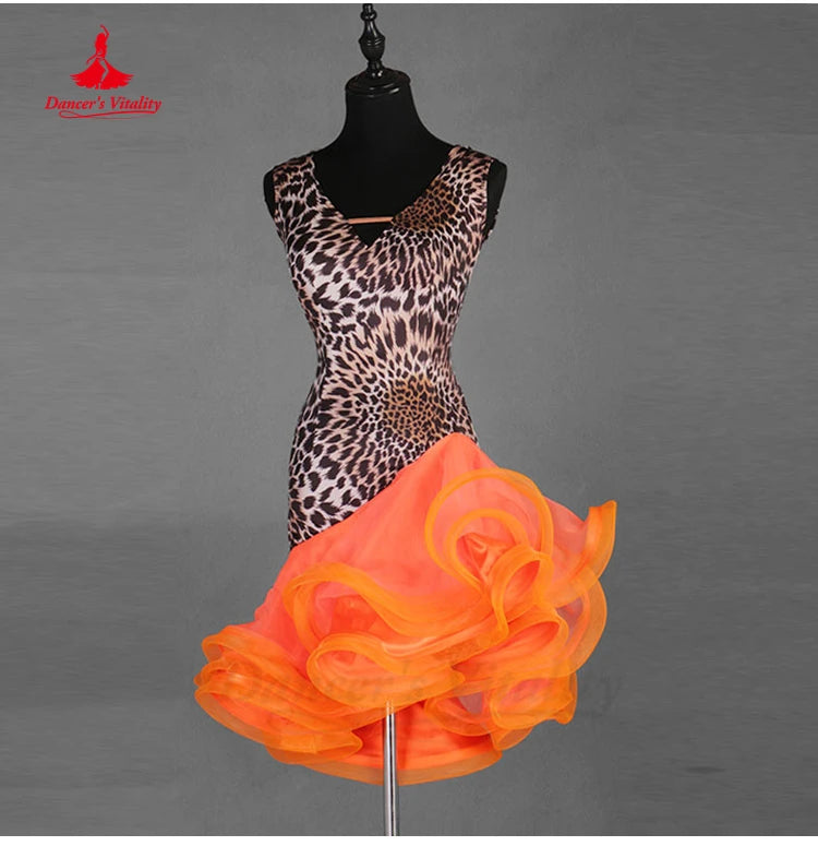 Latin Dance Dress V-Neck Wave Point Skirt Profession Custom Female Adult Child Elegant Performance Clothes Competition Clothing