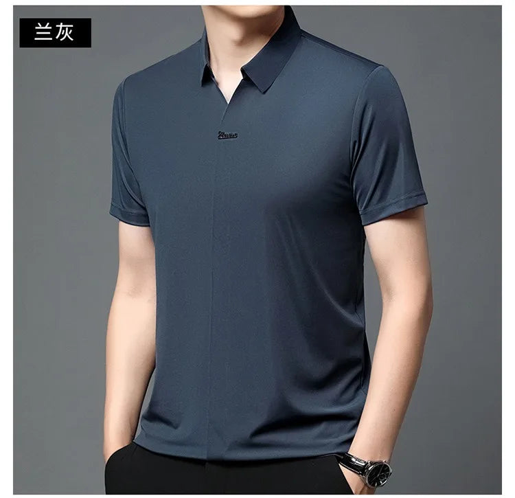 High End Mulberry Silk T-shirts Man Long Sleeve Tops Business Casual Elastic Non-iron Seamless Quality Luxurious Men Polo Shirts