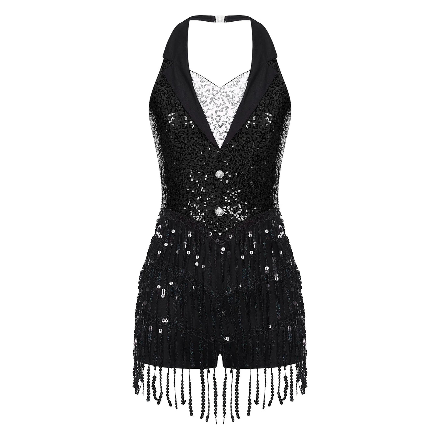 Women Modern Dance Dress Performance Costume Shiny Sequins Sleeveless Latin Jazz Tango Salsa Dance Leotard Bodysuit Dress Outfit