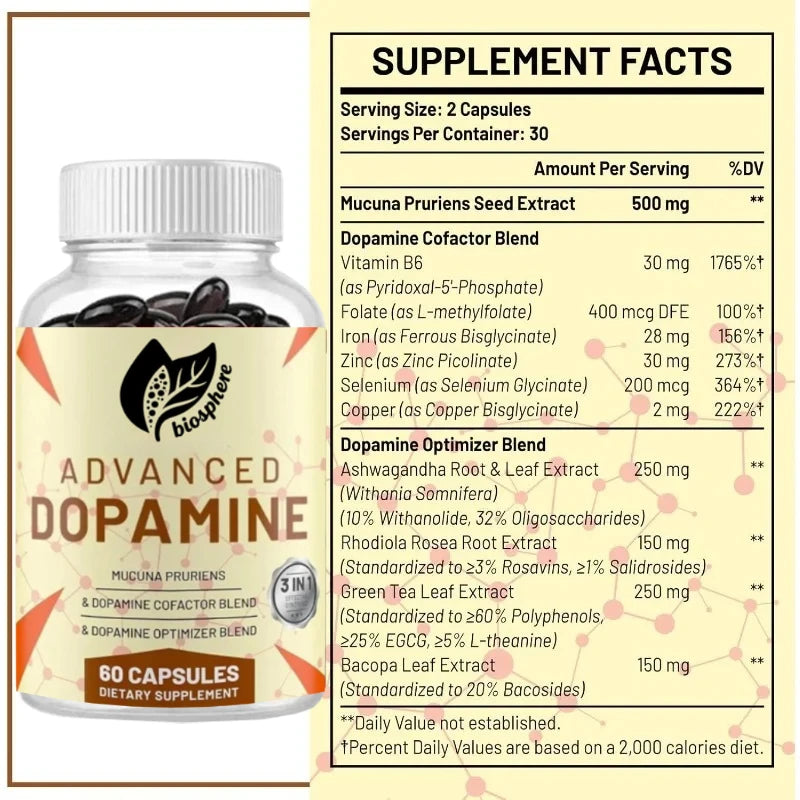 Dopamine Supplement Capsules - Velvet Bean Seed Extract, High Quality Vitamins, Minerals, and Natural Plant Extracts