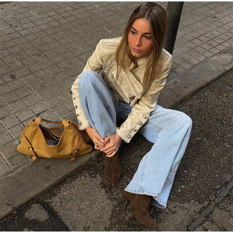 Unique Oblique Button Military Jacket Women Vintage Asymmetry Cropped Napoleon Jackets Lady New Fashion Street Spring Outwear