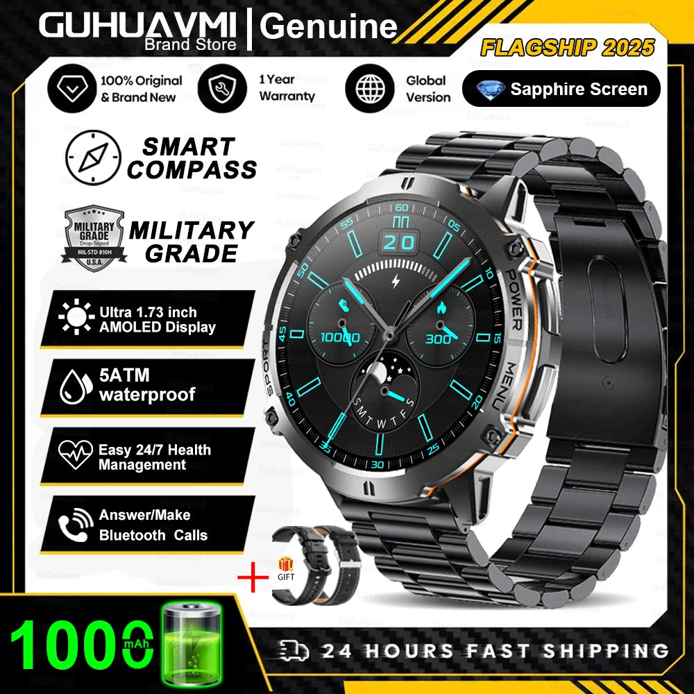 New Outdoor 1000mAh Battery Men Adult Smart Watch GPS Compass Altimeter 10ATM Waterproof Heart Rate BT Call Sport Man Smartwatch