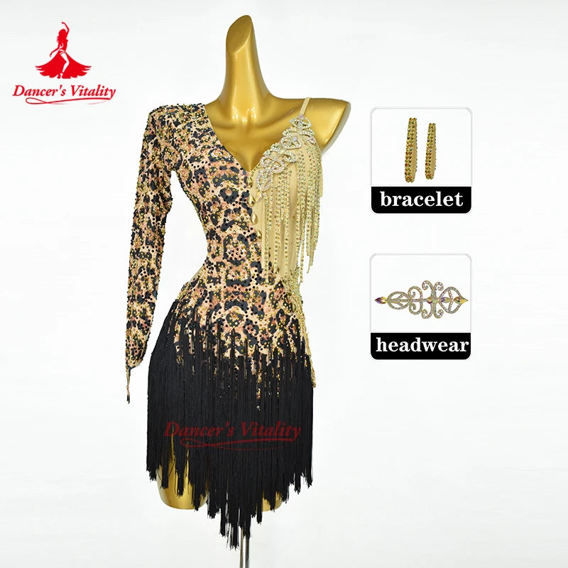 Latin Dance Competition Dresses High End Sexy Leopard Pattern Tassel Skirt Adults and Children Customized Performance Clothing